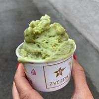 Delicious sweet green tea and lemon vegan ice cream at Zvezda's Ice Cream in Ljubljana