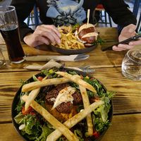 Falafel and hummus salad and All American cheese burger at Super Natural Newcastle in Newcastle Upon Tyne