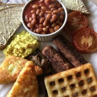 Lincolnshire breakfast! baked beans!! at Super Natural Newcastle in Newcastle Upon Tyne