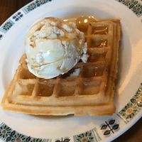 Gluten free waffle with salted caramel ice cream and maple syrup  at Ice Shack in Manchester
