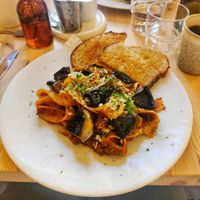 Vegan parpadelle bolognese with garlic mushrooms and fried bread at El Fant in Helsinki