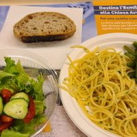 Lunch - spaghetti with garlic,  green beans and salad at Villa Aurora College Cafeteria in Florence