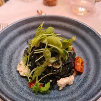 black tagliatelle 
-
smoked aubergine, courgette, confit tomatoes,
lemon ricotta at La Vimea - Vegan Hotel & Vegan Restaurant in Naturno