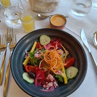 Rainbow boost with dressing and probiotic drink at La Vimea - Vegan Hotel & Vegan Restaurant in Naturno