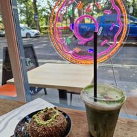 Dubai chocolate doughnut and pistachio iced matcha latte at Glazed in Brighton
