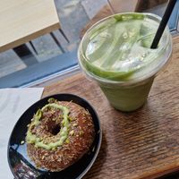 Dubai chocolate doughnut and pistachio iced matcha latte at Glazed in Brighton