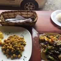 Chickpea curry and Thai curry  at Cafe Good in Banos