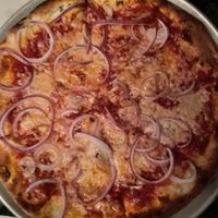 Vegan pizza with onions  at Ciao in Ithaca