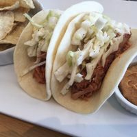 BBQ jackfruit tacos with chips and chili "cheese" dip (spicy - yum!) at Root in Wilmington