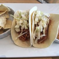 BBQ jackfruit tacos with chips and chili "cheese" dip at Root in Wilmington