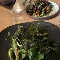 Asparagus, snow pea and artichoke salad. Seaweed salad in back at The Green Spot in Barcelona