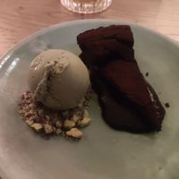 Chocolate cake with pistachio ice cream at The Green Spot in Barcelona