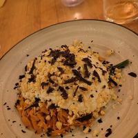 Vegan sweet potato pasta. Very interesting texture and great taste. at The Green Spot in Barcelona