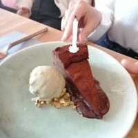 Chocolate cake with pistachio ice-cream at The Green Spot in Barcelona
