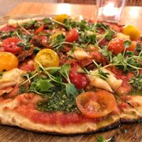 Their yummy vegan pizza. Gluten free buckwheat crust.  at The Green Spot in Barcelona