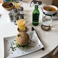 Chickpeas and tofu burger, carrots soup and peas pesto  at Rawdia in Brasov