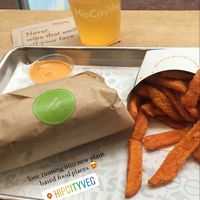 Chipotle Fajita wrap, sweet potato fries, & Tantric Tumeric drink at HipCityVeg - 7th St in Washington