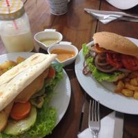 Mary Shelly panini and mike Tyson burger! at Casa Vegana in Santa Cruz