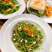 Pesto pasta (comes with separate bowl of salad) and panini  at Casa Vegana in Santa Cruz