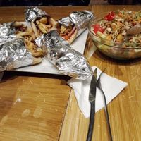 Typical Greek souvlaki with mushrooms instead of meat  at Trivoli Vegan Kafeneio in Athens