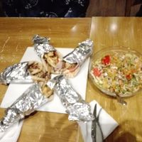 Typical Greek souvlaki with mushrooms instead of meat at Trivoli Vegan Kafeneio in Athens