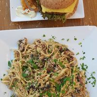 Pasta carbonara & veggie burger. at Trivoli Vegan Kafeneio in Athens