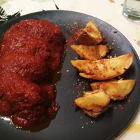 Soutzoukakia with brava potatoes at Trivoli Vegan Kafeneio in Athens