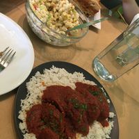 Soutzoukakia, pasta salad and pastitsio at Trivoli Vegan Kafeneio in Athens