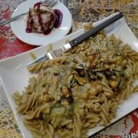 pasta with chickpea and leek sauce + dessert  at Zaziv Vegan Bistro in Ljubljana