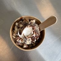 Cashew soft serve ice cream w nutella, roasted white chocolate and roasted almonds   at Minù in Lund