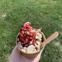 soft serve with blackberry sauce, white chocolate chunks and dried strawberries  at Minù in Lund