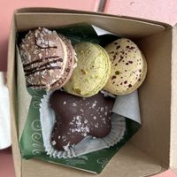 Caramel, pistachios, passion fruit macarons and the chocolate pecan turtle   at Confectionery! in New York City