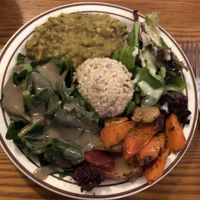 Awesome roasted root vegetables, tasty mung  beans, kale and salad.   This was accompanied by a delicious pulse soup with cumin and garlic.   at Shangri-La Vegan - Telegraph in Oakland
