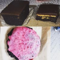 Laurellesfinefoods haul clockwise from top: vegan brownie, peanut butter almond square & tofu chew cookie  at Granville Island Public Market in Vancouver