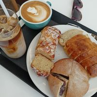 Cinnamon roll, potato focaccia and red bean bun at Haemil Bakery in Seoul