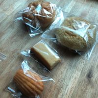Lots of nice sweet options! In the back there is two buns - a redbean bun and a walnut bun. (He gave us the walnut bun free and the loaf in the middle - cant remember what it is!) at Haemil Bakery in Seoul