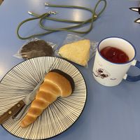 Chocolate cookie, lemon scone, chocolate cream bread, hibiscus tea    at Haemil Bakery in Seoul