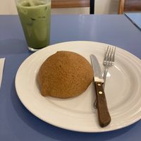 Green tea latte and mocha bread  at Haemil Bakery in Seoul