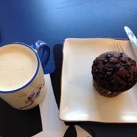 Sweet potato latte + chocolate muffin (reallyy good) at Haemil Bakery in Seoul