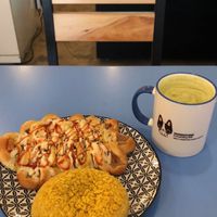 pizza bread, curry bread and matcha latte :) at Haemil Bakery in Seoul