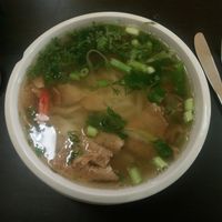 vegan pho, broth with rice noodles, soya meat, coriander, scallions, chilli and various spices  at Loving Hut in Prague