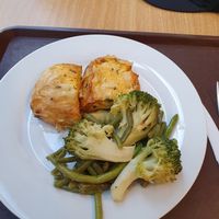 Garlic broccoli and vegan tofu omlette at Loving Hut in Prague