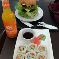 cheesburger and sushis at Loving Hut in Prague