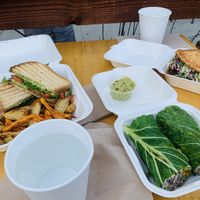 From L clockwise: pesto sandwich (decent fries), green table burger, collard greens wrap (I’d recommend) at Green Table  in Santa Barbara