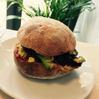 Scrambled tofu, smoked mushroom and avocado roll at The Plant Room in Brighton