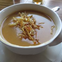 potato soup with shoestring potatoes and parsley (vegan) at Die Kartoffel in Saarbrucken