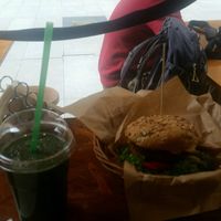 quinoa cheese burger and smoothie.  at Mango Vegan Street Food - Zlota in Warsaw