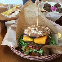 quinoa cheeseburger, hummus with falafel, classic pita at Mango Vegan Street Food - Zlota in Warsaw