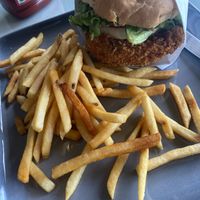 Spicy chicken burger but not spicy   at TVJ Kitchen - West LA in Los Angeles