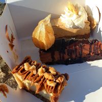 Stickers cake, chocolate brownie, banana cream cake at Ecocafeet in Ostersund